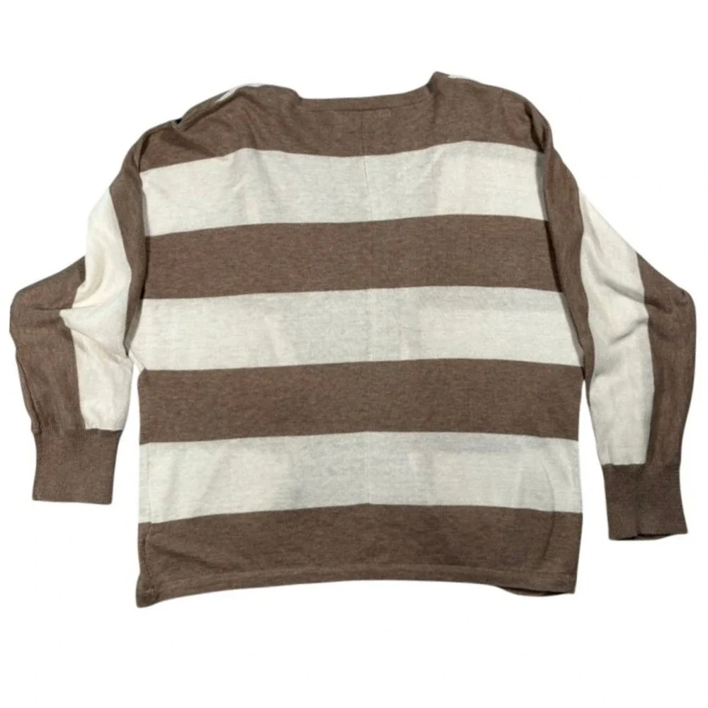 Forever‎ 21 Striped Cardigan Large Tan White Open Front Neutral Coastal Minimal